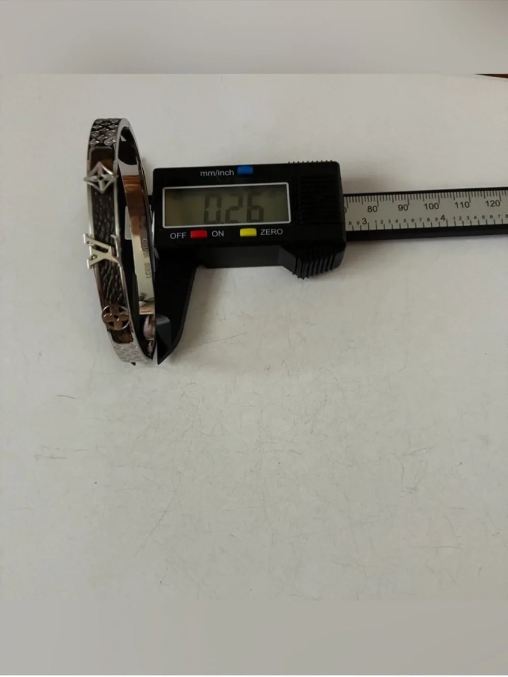 Silver and Brown LV Monogram Hinged Bangle Bracelet